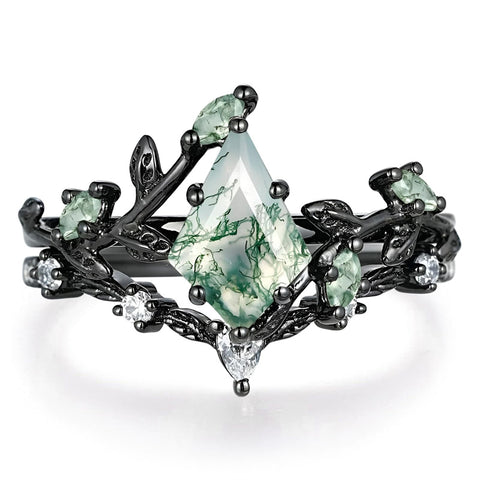 Sterling Silver 10K 14K 18K Gold 2CT Moss Agate Vine Leaf Women's Bridal Ring Sets for Wedding Engagement