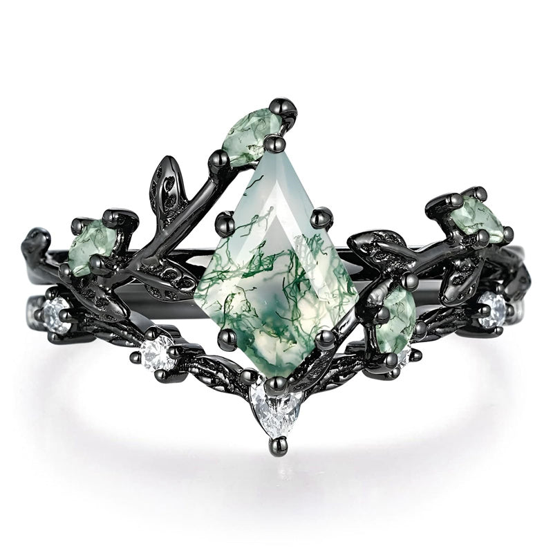 Sterling Silver 10K 14K 18K Gold 2CT Moss Agate Vine Leaf Women's Bridal Ring Sets for Wedding Engagement
