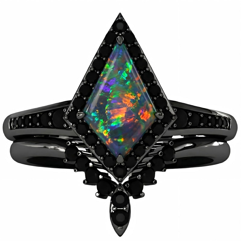 Sterling Silver 10K  14K  18K  Gold Personalized Engraved Black Opal Engagement Wedding Promise Ring for Her