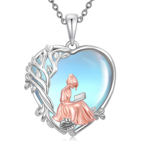 Sterling Silver Moonstone Tree of Life Art Book Pendant Necklace for Book Lover