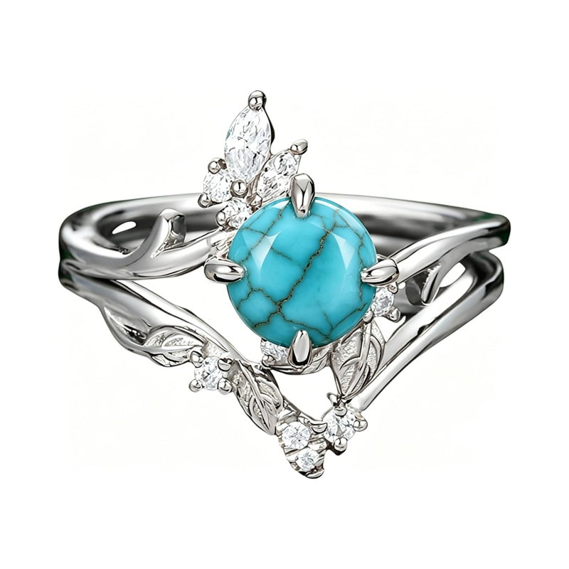Sterling Silver Personalized Engraved 1-3CT Turquoise Engagement  Wedding Promise Ring Set for Her