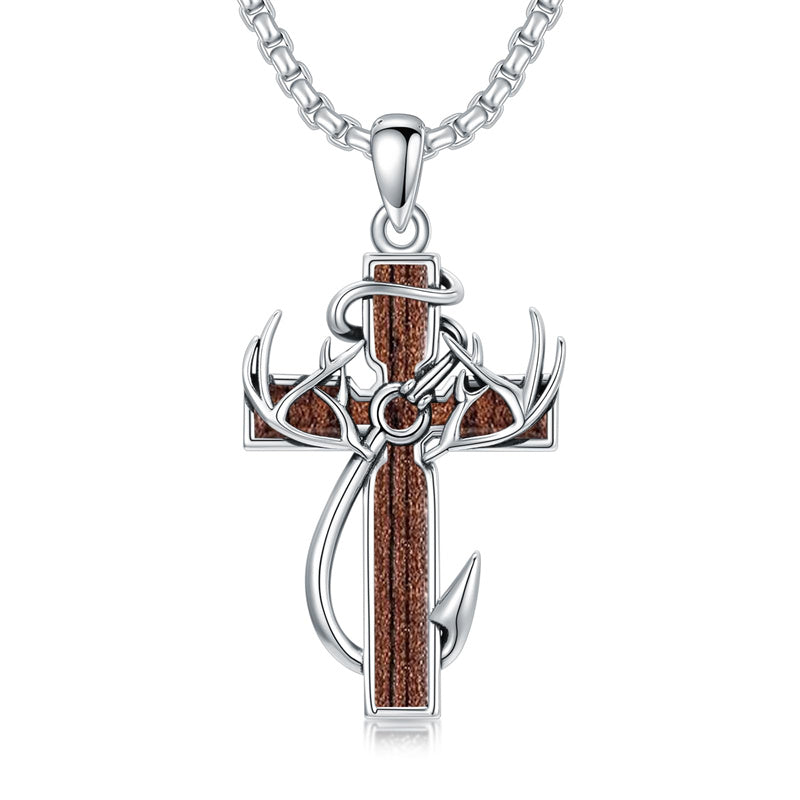 cross fish hook Sterling Silver Fish Hook Cross Pendant Necklace for Men, A-Wooden