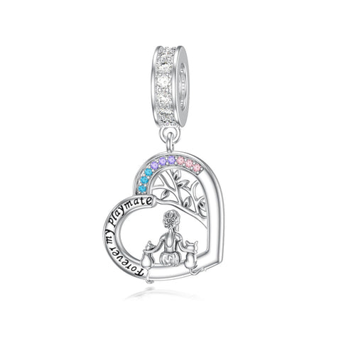 Sterling Silver Cubic Zirconia Cat Dog Charm Beads for Bracelets Engraved with Forever My Playmate