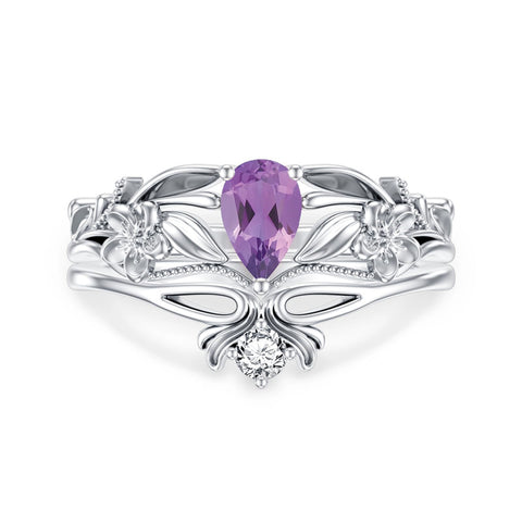 Sterling Silver Pear Shaped Gemstone Engagement Rings Set for Women