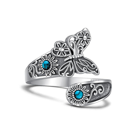 Sterling Silver Turquoise Butterfly Open Adjustable Spoon Ring