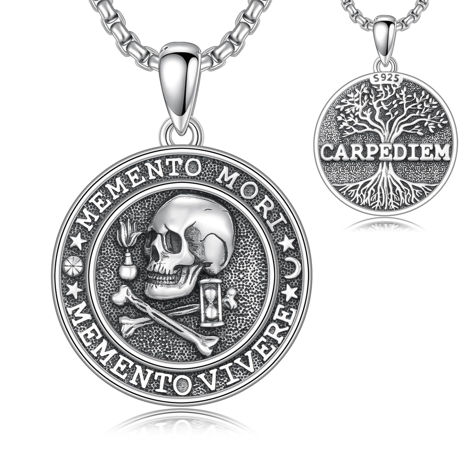 Sterling Silver Skull Hourglass Memento Mori Pendant Necklace - Main Image