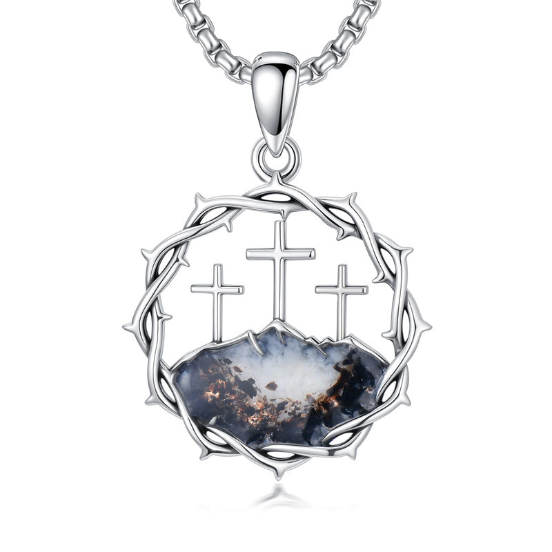 Sterling Silver Crown of Thorns Crucifix Cross Pendant Necklace