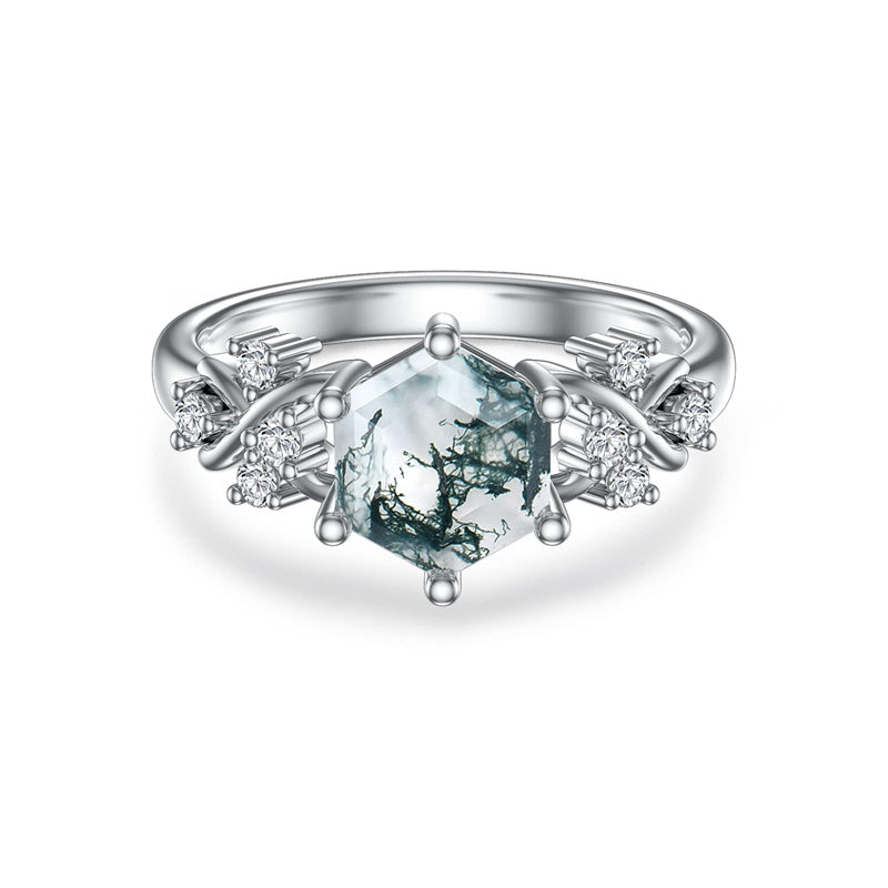 Sterling Silver 1ct Natural Moss Agate Engagement Ring