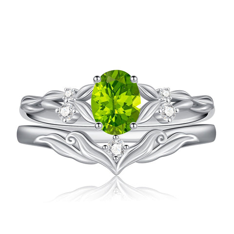 Sterling Silver 10K 14K 18K Gold  Oval Cut Unique Vine Gemstone Wedding Ring Set