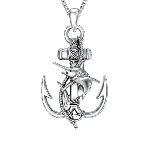 Sterling Silver Earth Swordfish Trident Compass Anchor Pendant Necklace