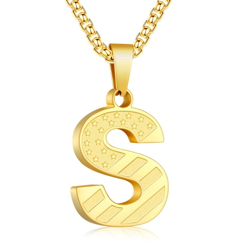 14K Gold Plated American Flag Initial Pendant Necklace for Men