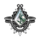 Sterling Silver 10K 14K 18K Gold Vintage Nature Moss Agate Engagement Ring Sets for Women