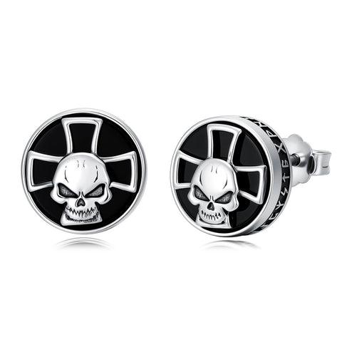 Sterling Silver Black Onyx Tree of Life Ankh Cross Skull Valknu Viking Stud Earrings