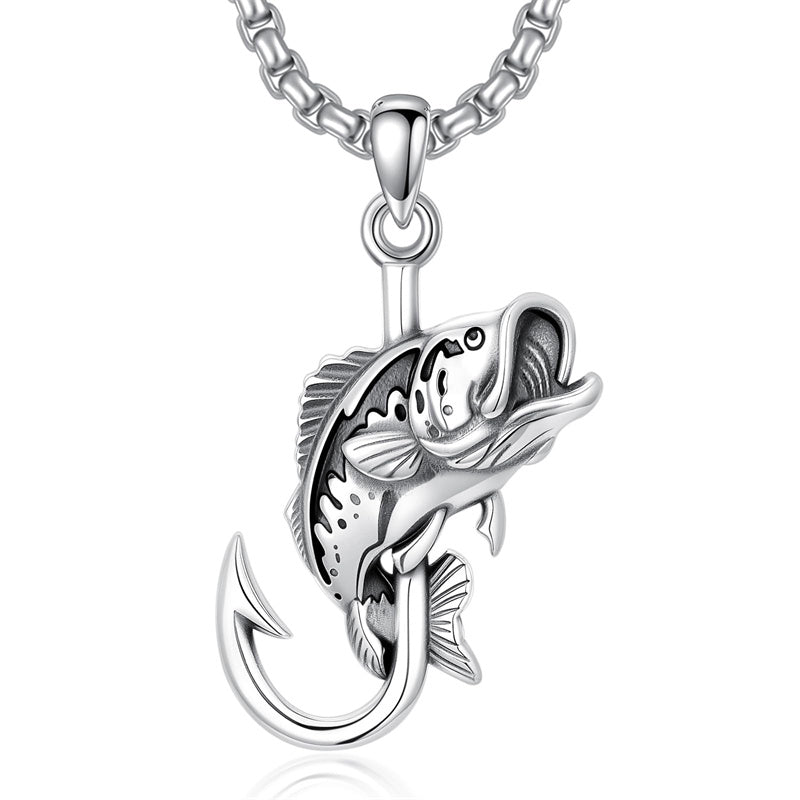 antler fish hook Sterling Silver Antler Fish Hook Pendant Necklace for Men, Fish Necklace B