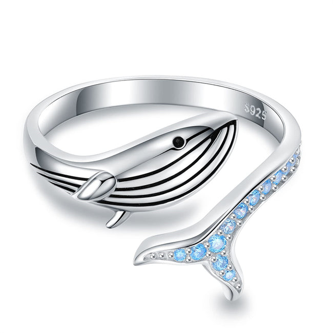 925 Sterling Silver Whale Adjustable Ring for Women Sea Animals Fish Open Ring Christmas Jewelry Gift for Women