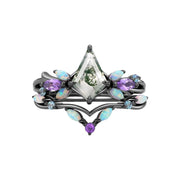 Sterling Silver 10K 14K 18K GoldPersonalizedEngraved Pear Kite Round Cut Moss Agate Engagement Ring Set