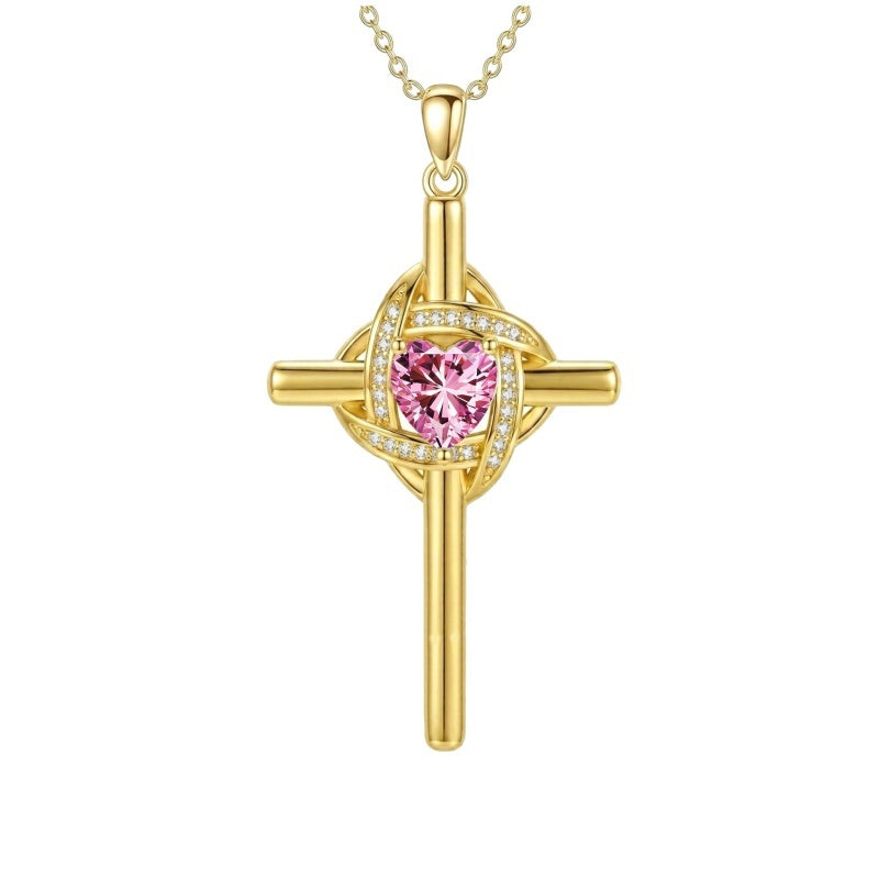 10K 14K 18K Gold Birthstone Cross Pendant Necklace Christian Jewelry