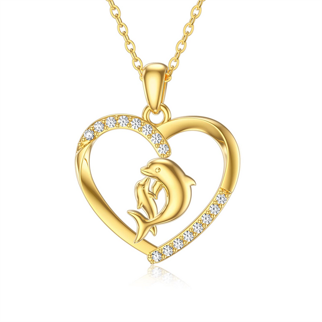 Dolphin Necklaces for women Mother Daughter Necklace 14k Solid Gold Dolphin necklace Mom Necklace Love Heart Pendant Necklace