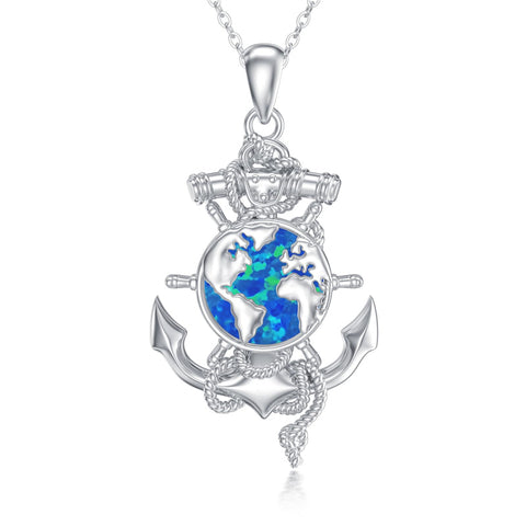 Sterling Silver Earth Swordfish Trident Compass Anchor Pendant Necklace