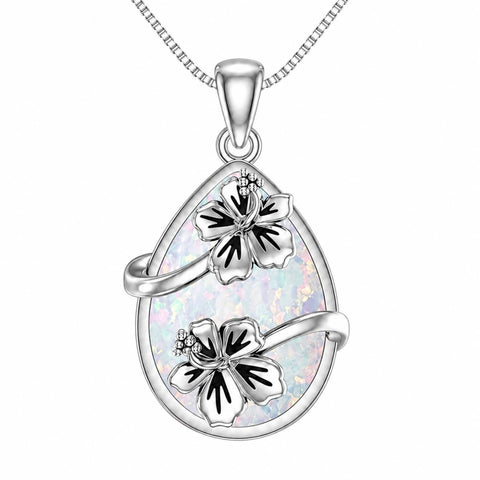 14K  White Gold Plated White Opal Flower Pendant Necklace Birthday Anniversary Jewelry Gifts for Women