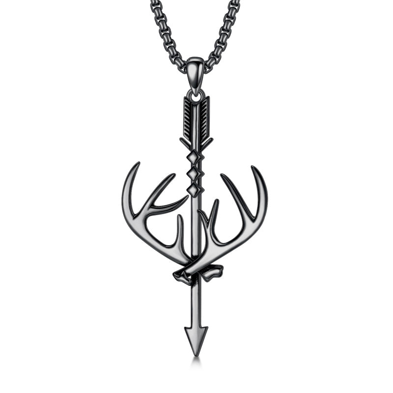 Sterling Silver Cross Deer Antler Fish Hook Hunting Pendant Necklace for Men, Black