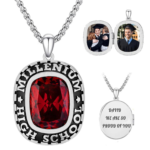 Sterling Silver Custom Birthstone Photo Engraved Class Necklace Graduation Gift