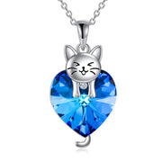 Animal Cat Necklace with Cystral Heart Sterling Silver Necklace for Girl Women