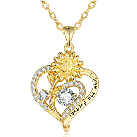 Sterling Sliver Birthstone Love Heart & Sunflower Pendant Necklace Engraved With You Are My Sunshine