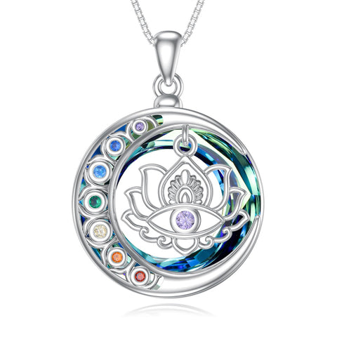 Sterling Silver Crystal Triple Moon Goddess Hamsa Hand Lotus Tree of Life Flower of Life Chakra Pendant Necklace