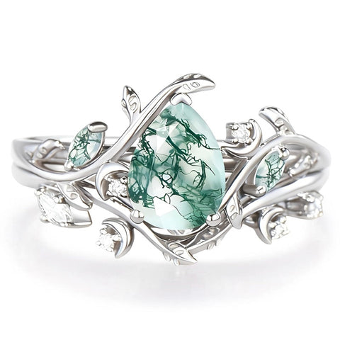 Sterling Silver 2CT Moss Agate  Engagement Wedding Ring Sets for Women