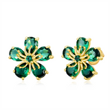 14K Solid Gold Flower Emerald Stud Earrings with Push Backs, Real Gold Created Emerald Earrings Elegant Jewelry Gift for Her