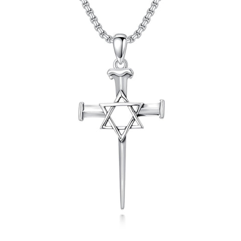 Sterling Silver Star Of David  Cross Pendant Necklace