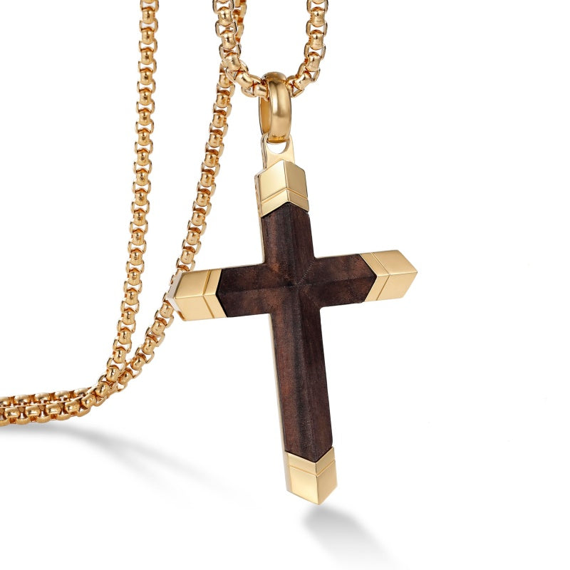 14K Gold  Plated Wooden Cross Crucifix Pendant Necklace for Men