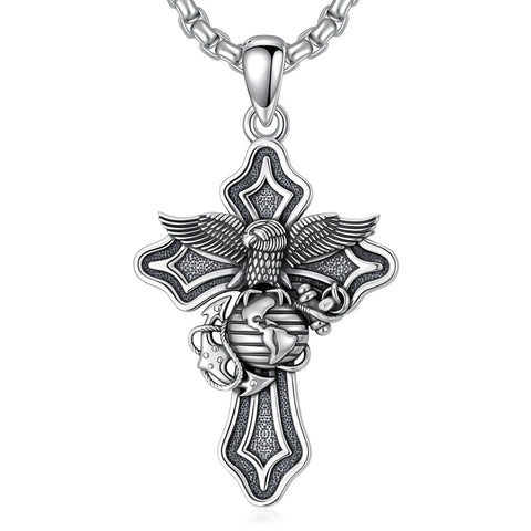 Sterling Silver Marines Cross Pendant Necklace for Men