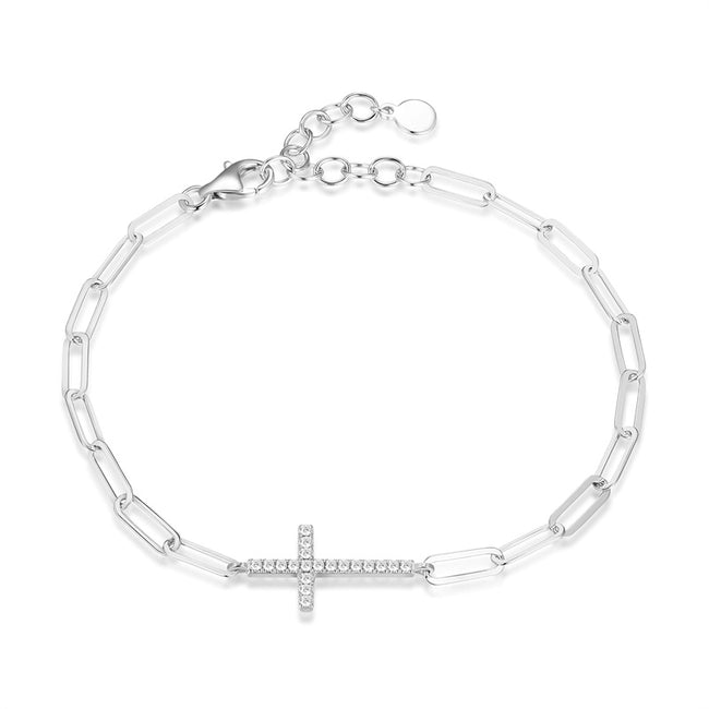 Collection Cubic Zirconia Horizontal Cross Paperclip Chain Link Bracelet in Sterling Silver, 6.25" + 1.5" Extender