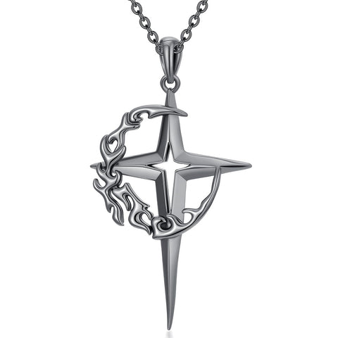 Sterling Silver Gothic Black Moon and Star Pendant Necklace