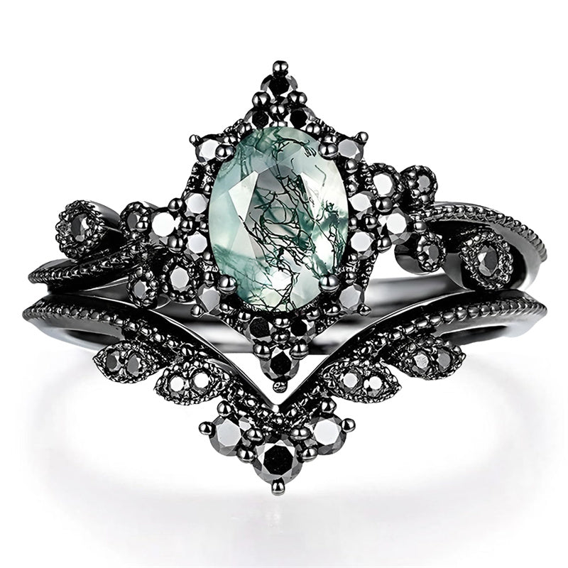 Sterling Silver 10K 14K 18K Gold Vintage Nature Moss Agate Engagement Ring Sets for Women