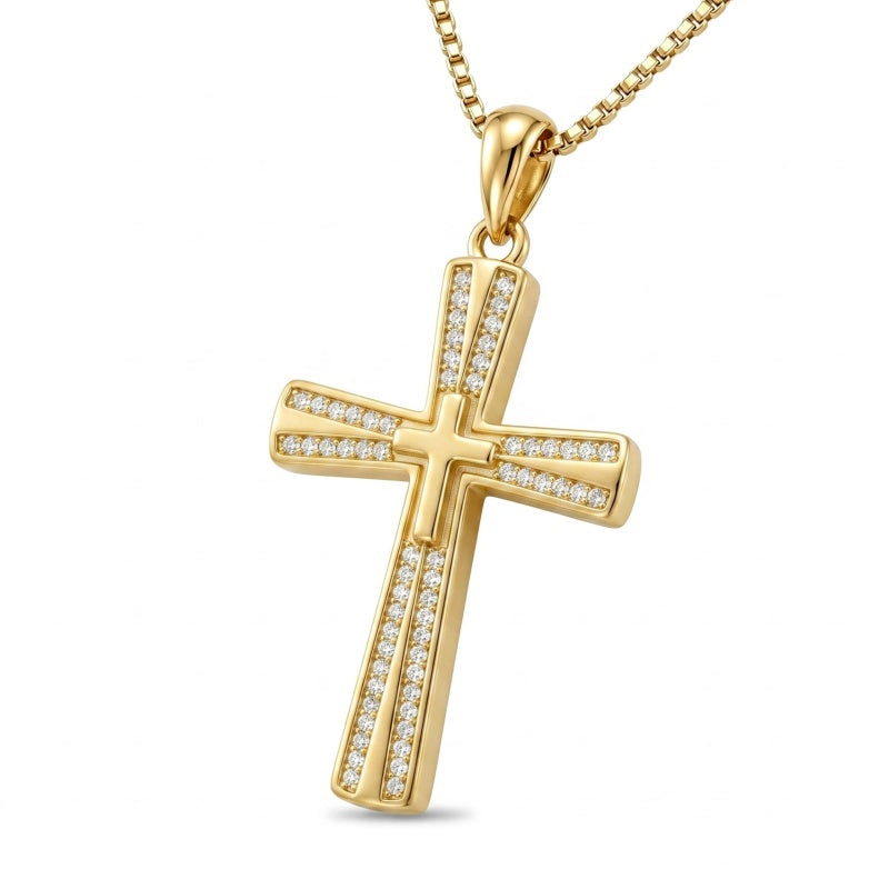 14K Gold Plated Cubic Zircon Cross Pendant Necklace for Men Birthdays Anniversary Christmas Father's Day Gift