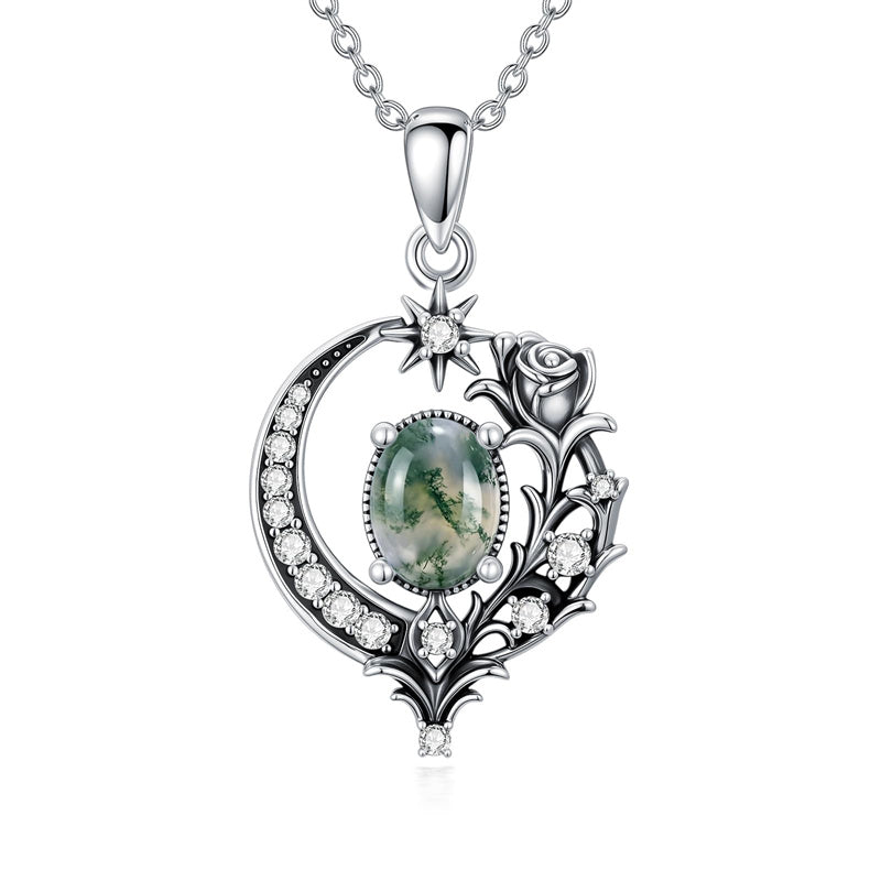Sterling Silver Moss Agate Celtic Knot Rose Claddagh Filigree Pendant Necklace