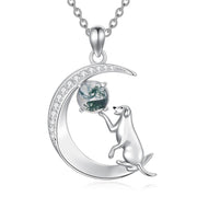 Sterling Silver Moss Agate Dog Monkey Moon Pendant Necklace