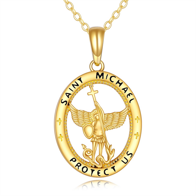 14k Real Gold St Michael Necklace , Dainty Solid Gold Protect Jewelry Gift For Women Girls Valentine Christmas Mothers Day Gifts