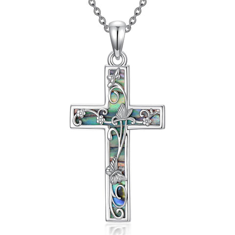 Sterling Silver Abalone Shell Bee Butterfly Dragonfly  Hummingbird Ladybug Cross Pendant Necklace for Women