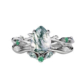 Sterling Silver 10K 14K 18K Gold Personalize Engraved Moss Agate Engagement Rings for Women