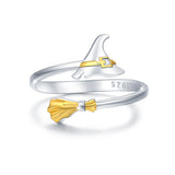 Witch Ring 925 Sterling Silver Witch Cap Broom Adjustable Ring Halloween Ring for Women Gothic Broom Thumb Ring Witch Hat Open Ring Halloween Jewelry