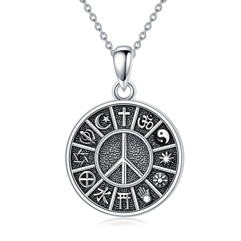 Sterling Silver Peace Sign Coexist Peace Symbol Pirate Tree of Life Thor's Hammer Wolf Raven Viking Series Necklace