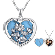 Sterling Silver Turquoise Personalized Photo 12-Month Birth Flower Pendant Necklace