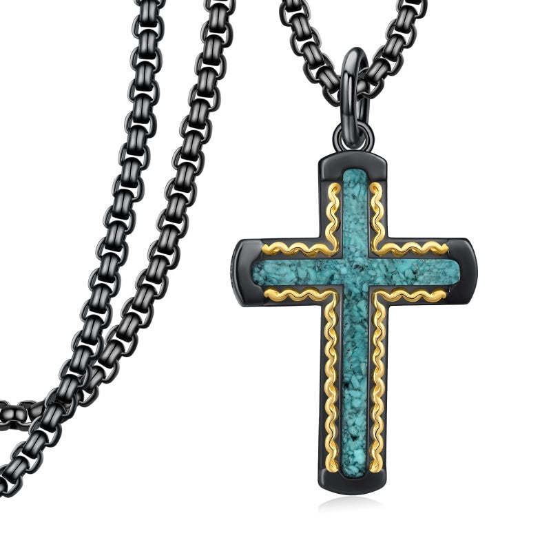 14K Gold Plated Turquoise Malachite Abalone Shell Cross Pendant Necklace for Men