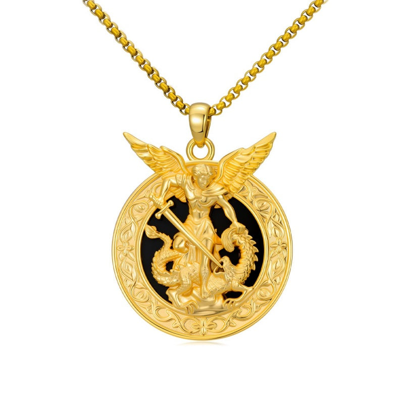 14K Gold Plated Black Onyx Patron Saint Medal Religious Amulet Pendant Necklace for Men