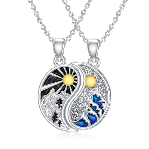 Yin Yang Couples Necklace 925 Sterling Silver Moon And Sun Matching Couples Pendant Mountain Wave BFF Jewelry Gifts