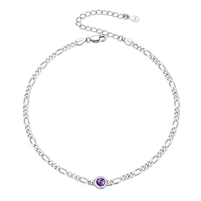 Figaro Anklets for Women, Sterling Silver Diamond Cut 3mm Link Chain Ankle Bracelet with Round Birthstone, Length 8.5"-10.5"